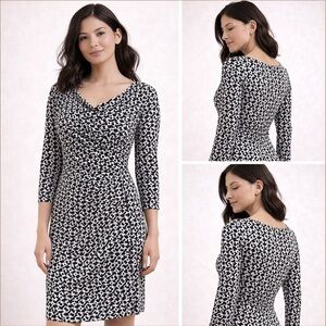 Lauren Ralph Lauren Black White Chain Print Ruched Dress Wrap Style Knee Length